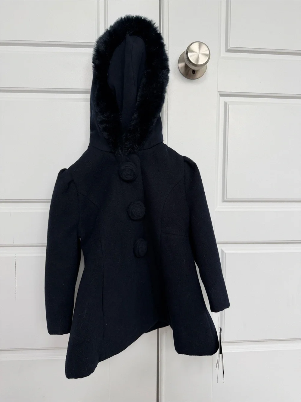 Rothschild - Girls' Black Hooded Wool Coat with Faux Fur Trim
